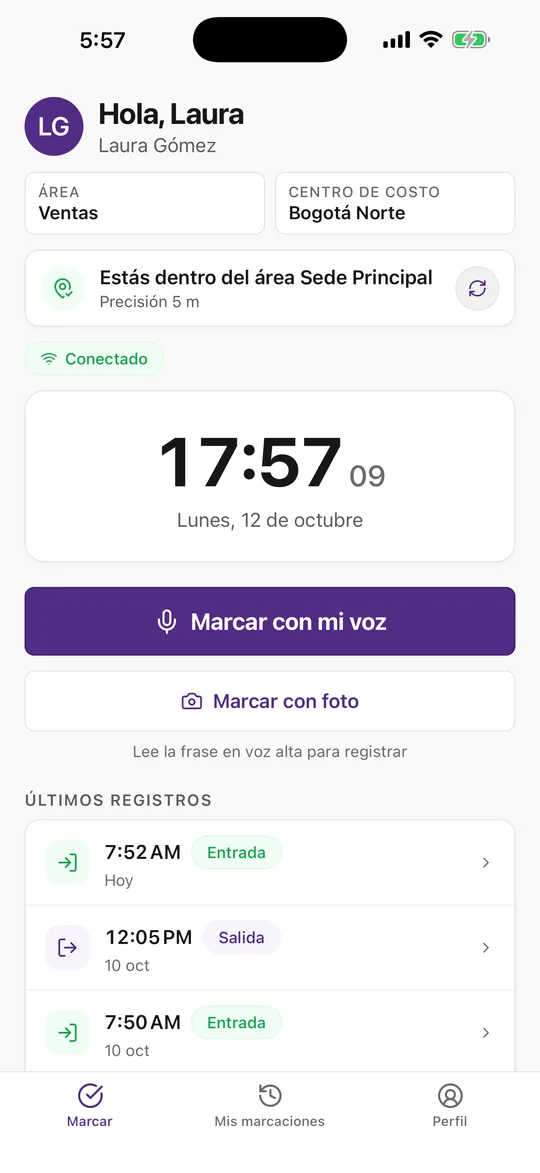 SelecTime mobile app screen: Clock in within seconds