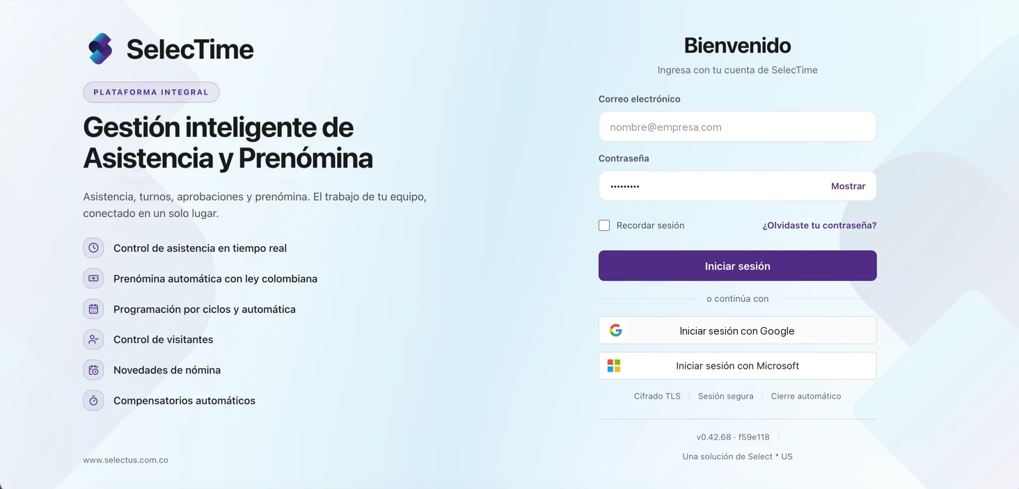 SelecTime sign-in screen